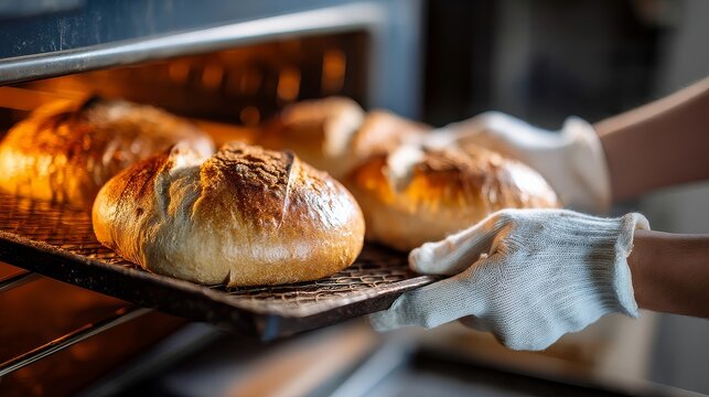 手袋をはめた手でオーブンから取り出される焼きたてのパン