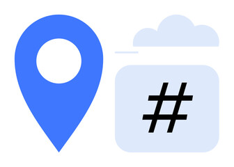 Blue location pin alongside metadata tag in a cloud backdrop symbolizes digital trends, location tagging, and online interaction. Ideal for social media, connectivity, location services, geotagging