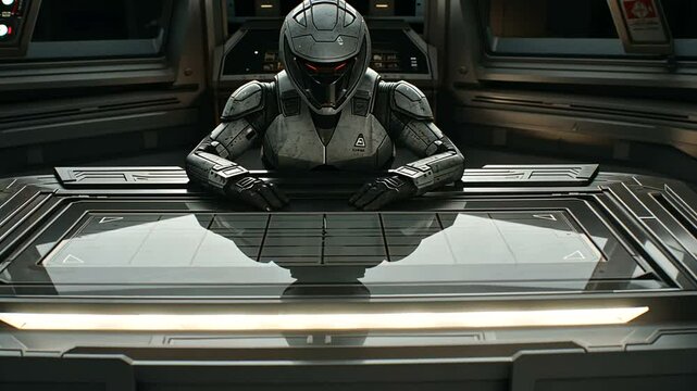 Futuristic alien commander seated at a sleek, high-tech console