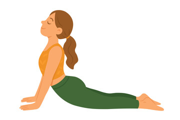 Young woman practicing cobra yoga pose with calm expression, wearing orange top and green pants.