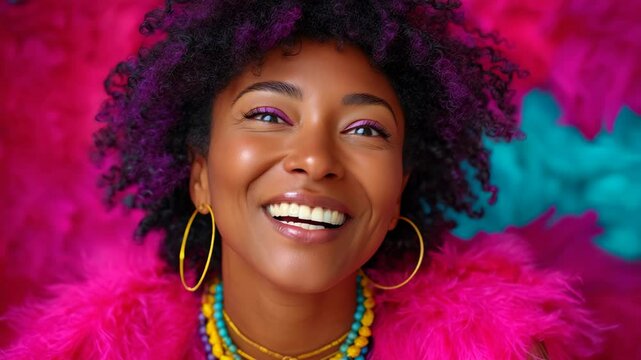 Close up portrait of a happy, smiling young woman with colorful necklace and feather boa against a vibrant patterned background.