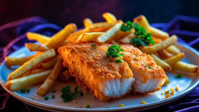 Fried cod served with fries on a plate.
