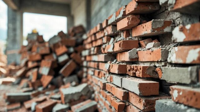 Weathered and damaged brick wall showcasing broken bricks.