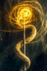 Golden serpent entwined around a glowing staff in cosmic space, symbol of transformation and spiritual awakening