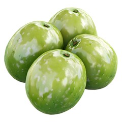 Obraz premium Four vibrant green plums with speckled skin create a visually appealing cluster perfect for food and beverage advertising.