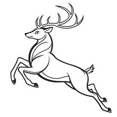 Leaping Deer Elegant Antlers, Dynamic Movement, Black and White Outline