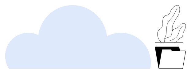 Blue cloud next to black and white folder and leaf. Represents data storage, organization, creativity, eco-consciousness. Ideal for business, technology, education, environment digital tools simple