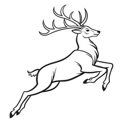 Leaping Stag Outline, Graceful Deer with Antlers, Black and White Animal