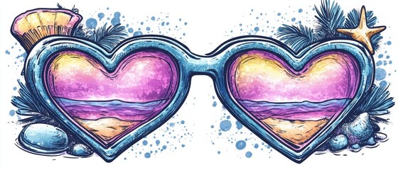 A tropical landscape is reflected in heart shaped sunglasses within a boho summer illustration