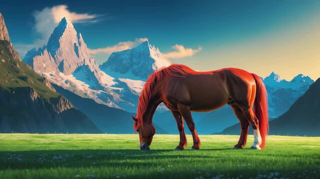 A scarlet horse grazes in a green pasture with blue mountains behind it. Selective focus
