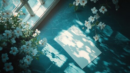 White flowers, blank paper, sunlit windowsill. Mockup, invitation, card