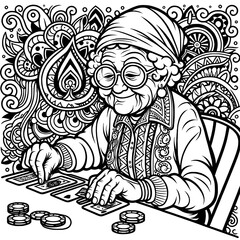 Elderly Woman Playing Cards in Intricate Line Art