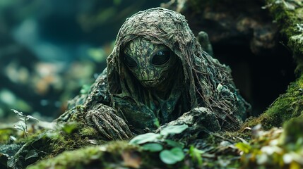 Alien Creature Camouflaged in Its Natural Habitat, Survival Mechanism Theme