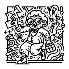 Playful Grandma Character Illustration with Abstract Background