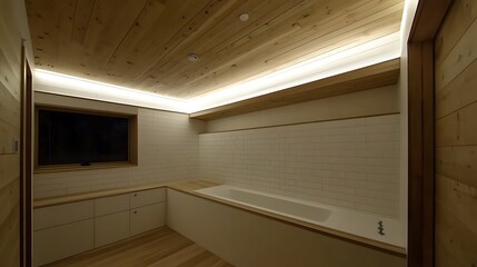 Minimalist bathroom interior design with wooden accents.