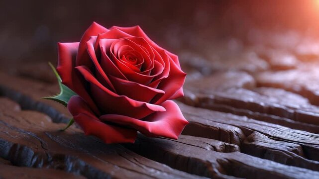 A ruby rose bud placed on wood