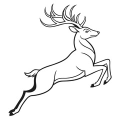 Outline Jumping Stag Black and White Silhouette, Antlers, Graceful Movement, Wild Animal