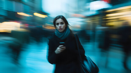 Caught in the City’s Pace: A focused individual navigates the dynamic cityscape, engrossed in their device, a stark contrast to the blurred motion around them.