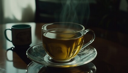 Steaming hot cup of tea on a table