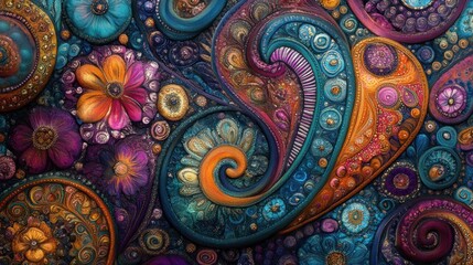 Vibrant paisley floral pattern with textured details