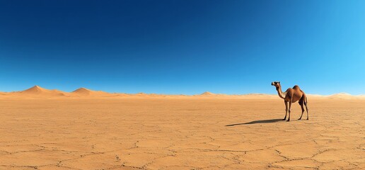 Contemplative camel standing on arid landscape under vast azure sky, a sense of serenity