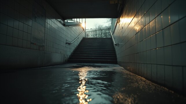 Flooded underground pedestrian tunnel with standing water on tiled floor and warm streetlight reflections illustrating flash flood warning, urban infrastructure failure and emergency situations