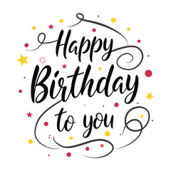 Happy Birthday Typography Design with Swirls, Stars, and Colorful Confetti on White