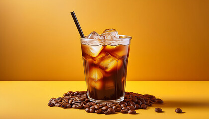 glass cup of ice coffee on yellow background