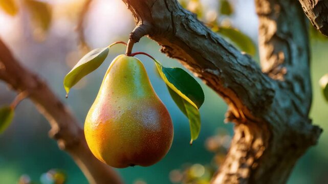 Tree-grown Asian pear. Fruit nearing ripeness. Close-up view.