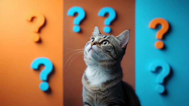 Charming curious cat with question marks set against a backdrop.