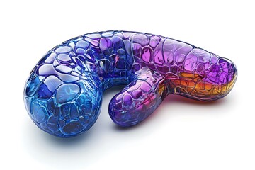 Vibrantly colored, stylized pancreas model displaying iridescent blue and purple tones, perfect for conceptual health reports or abstract pharmaceutical branding visuals.