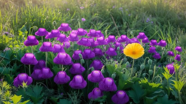 An extensive summer exhibition of displaying cup-like bright pink poppy mallows surrounded by dense green leaves in a meadow. Horizontal video.