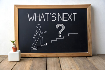 

Motivational Chalkboard with 'What's Next?' – Steps and Question Mark for Success
