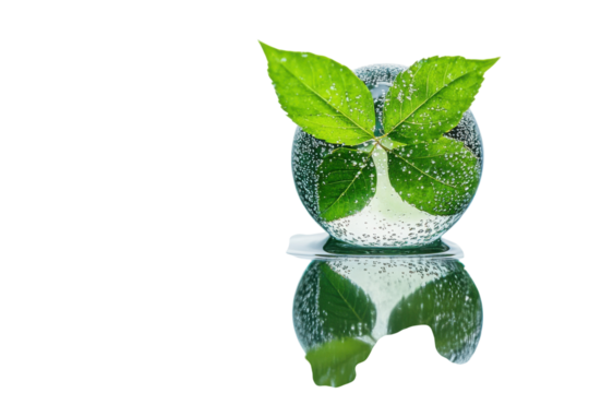 Tranquil green leaves in a water sphere serene reflection bubbles calm nature scene minimalist