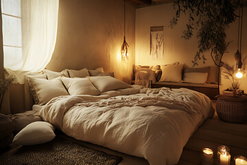 Fototapeta premium Serene bedroom interior with natural light filtering through a window, highlighting soft textiles.