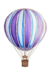 Watercolor hot air balloon floating in the sky, blue and purple stripes on the balloon, white background