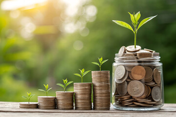 Financial Growth Concept – Coins and Sprouting Plants Symbolizing Savings
