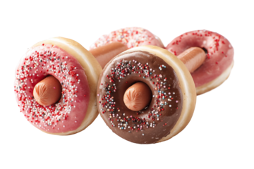Delicious donuts with colorful sprinkles and sausages fun yum pink food on transparent background