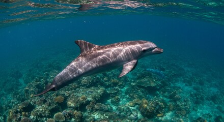 Fototapeta premium A dolphin swims gracefully over a vibrant coral reef in clear turquoise ocean water near the surface