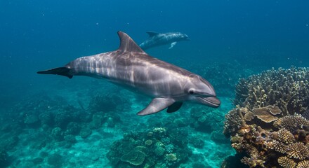 Two dolphins swimming gracefully in clear blue ocean water near a vibrant coral reef system