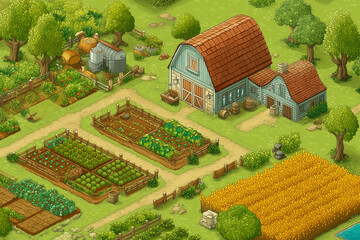 Red barn and fields in isometric view