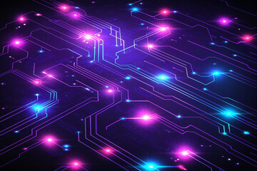 Futuristic circuit board pulsating with pink and blue lights