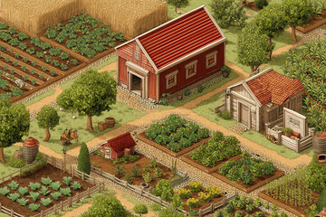 Whimsical isometric farm landscape