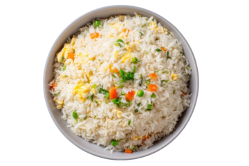 Delicious vegetable fried rice with egg in bowl tasty asian cuisine food on transparent background