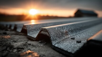 Corrugated metal reflects sunset's glow on a rural roof