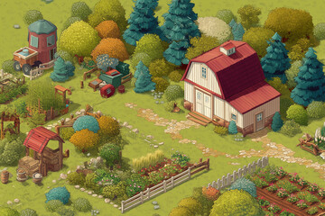 Isometric cartoon farm with red barn
