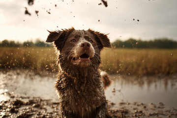 A dog runs in the mud
