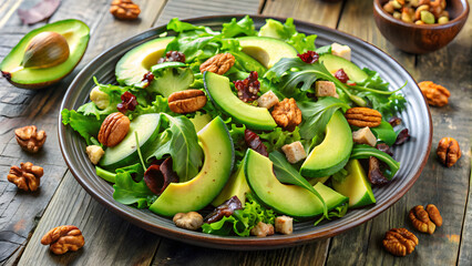 A delicious and healthy vegetarian salad with fresh green lettuce, red tomato, and cucumber on a white plate is a perfect light meal.