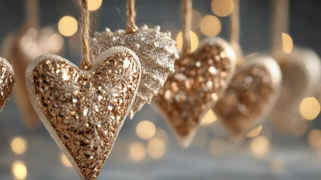 Elegant hanging heart ornaments shimmer with gold and silver sequins against soft, blurred bokeh lights for a romantic festive ambiance