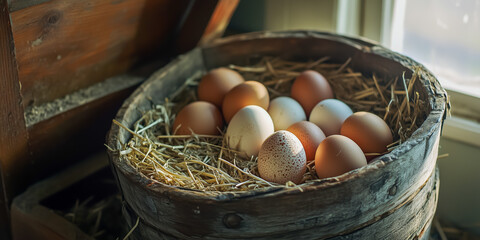 Fresh eggs in a rustic wooden basket filled with straw